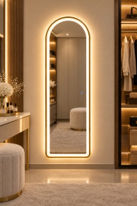 Oglinda LED verticala cu rama aurie si buton touch, design modern pentru dressing