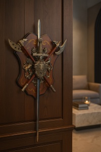 Decorațiune de perete cu tematică medievală, scut heraldic decorativ cu sabie centrală și arme încrucișate, design cavaleresc