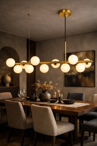 Lustră modernă aurie cu globuri opal, iluminat suspendat decorativ pentru living sau dining în stil contemporan elegant