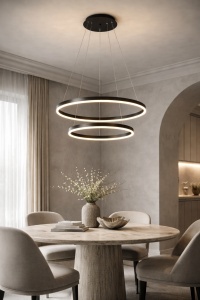 Lustră LED suspendată modernă cu două inele luminoase negre, design minimalist pentru living sau dining