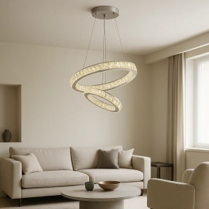 Lustră LED modernă cu două inele suspendate, cristale strălucitoare și design elegant încrucișat pentru iluminat decorativ