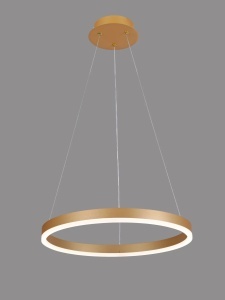 Lustră LED suspendată aurie, design circular modern cu iluminare uniformă