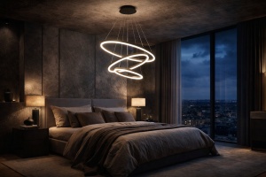 Lustră LED suspendată modernă, cu trei inele luminoase concentrice în design geometric