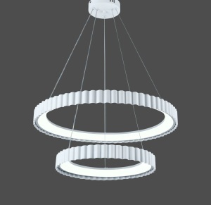Lustră LED suspendată modernă cu două inele luminoase ondulate, finisaj alb și design contemporan, ideală pentru iluminat decorativ în living, dining sau spații elegante