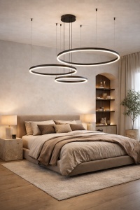 Lustră LED modernă cu trei inele suspendate, design contemporan reglabil pe înălțime și lumină uniformă
