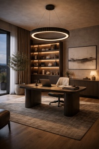 Lustră LED modernă rotundă neagră, suspendată, design minimalist pentru living, iluminat decorativ eficient și elegant pentru interioare contemporane