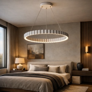 Lustră LED suspendată modernă, în formă de inel mare cu design ondulat, finisaj alb, montată într-un living minimalist, ideală pentru iluminat decorativ contemporan