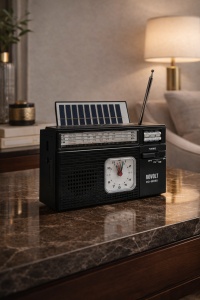 Radio retro portabil cu ceas analogic, panou solar și antenă telescopică, radio FM AM SW pentru interior și exterior