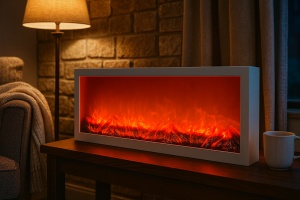 Șemineu electric panoramic cu ramă alba și efect de flacără roșie, ideal pentru living modern sau sufragerie