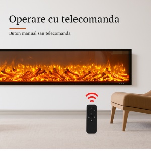 șemineu electric incorporabil modern cu flăcări 3D realiste și funcție de încălzire, finisaj minimalist, incorporabil , cu telecomanda