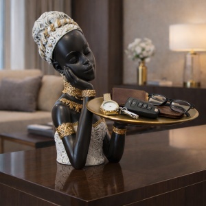 Statuetă africană decorativă cu suport, figură feminină elegantă cu tavă pentru obiecte mici, chei sau bijuterii