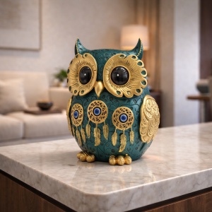 Statuetă bufniță decorativă turcoaz cu detalii aurii și ochi mari, simbol al înțelepciunii și protecției