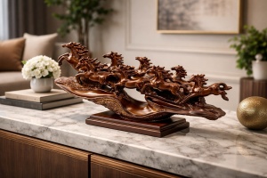 Statuetă decorativă cu șapte cai în galop, simbol Feng Shui al succesului și prosperității