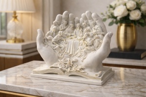 Statuetă decorativă creștină cu Cina cea de Taină sculptată în mâini, simbol al protecției divine