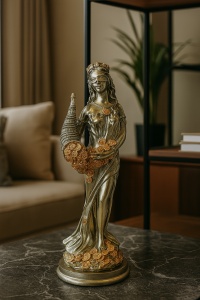 Statuetă decorativă mare, zeiță cu coroniță și corn al prosperității