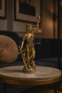 Statuetă aurie Doamna Justiție, simbol al adevărului și dreptății