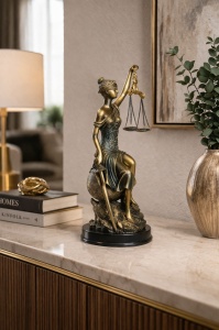 Statuetă Doamna Justiție șezând, cu sabie și balanță, finisaj auriu