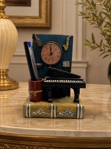 Suport decorativ pentru pixuri cu pian si ceas, accesoriu elegant pentru birou