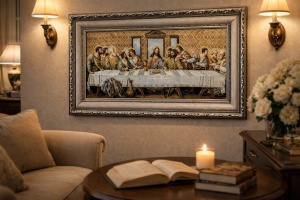 Tablou decorativ religios Cina cea de Taină, scenă clasică cu Iisus și apostolii, în ramă ornamentală