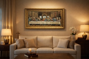 Tablou decorativ religios Cina cea de Taină, scenă clasică cu Iisus și apostolii, în ramă ornamentalăTablou decorativ religios Cina cea de Taină, scenă clasică cu Iisus și apostolii, în ramă ornamentală
