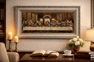 Tablou decorativ religios Cina cea de Taină, scenă clasică cu Iisus și apostolii, în ramă ornamentală