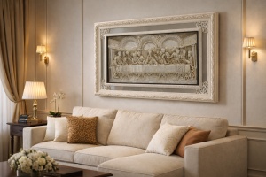 Tablou decorativ Cina cea de Taină cu ramă crem și contur din oglindă, decor religios pentru interior.