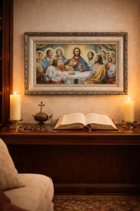 Tablou decorativ religios Cina cea de Taină, scenă clasică cu Iisus și apostolii, în ramă ornamentală