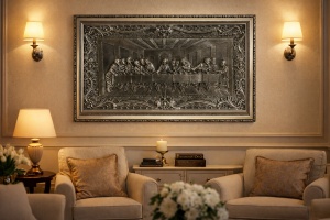 tablou religios cu scena Cina cea de Taină, relief argintiu, cu detalii finisate și ramă decorativă elegant