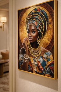 Tablou cu femeie africana purtand turban colorat si accesorii aurii, decor modern pentru living