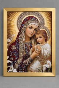 Tablou Maica Domnului cu Pruncul Iisus Hristos cu Pietricele 40x30cm - Gold