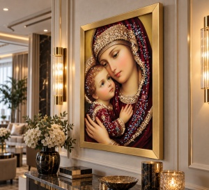 Tablou Maica Domnului cu Pruncul Iisus Hristos cu Pietricele 60x40cm - Gold - Img 3