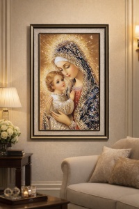 Tablou Maica Domnului cu Pruncul Iisus Hristos cu Pietricele si Sclipici 62x42cm