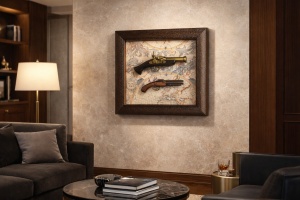 tablou decorativ vintage cu pistoale și hartă veche
