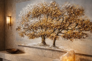 Tablou panoramic cu copac auriu in peisaj deschis, pictura decorativa pe panza