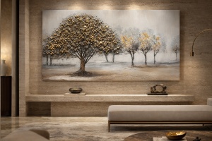 Pictura pe panza cu copaci decorativi in nuante aurii si fundal gri-albastru