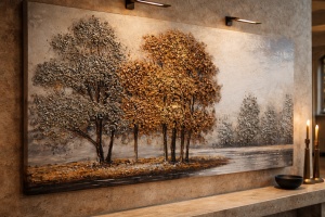 Tablou decorativ panoramic cu peisaj natural, copaci aurii și lac