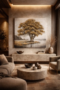 Tablou canvas cu copac auriu langa apa, peisaj elegant in nuante neutre pentru living
