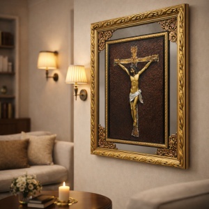 Tablou religios cu Iisus Hristos pe cruce, decor crestin cu rama aurie ornamentala