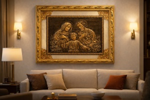Tablou Sfânta Familie cu ramă ornamentată auriu și contur din oglindă, decor religios pentru interior