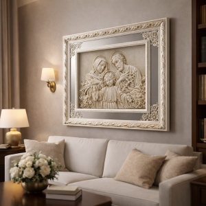 Tablou Sfânta Familie cu ramă ornamentată crem și contur din oglindă, decor religios pentru interior