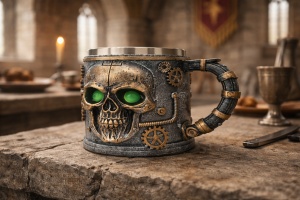 Halba decorativa craniu cu ochi verzi cana stil gothic steampunk