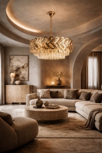 Lustră modernă aurie cu cristale și design geometric, ideală pentru living elegant