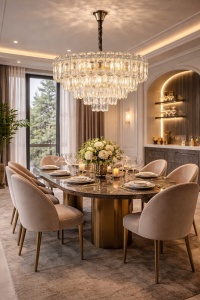 Candelabru elegant cu cristale transparente dispuse în trepte și structură metalică cromată