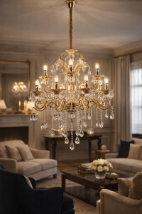 Candelabru clasic auriu cu brațe ornamentale și cristale decorative, ideal pentru interioare elegante și rafinate