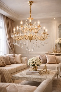 Candelabru luxos auriu cu brațe sculptate și cristale decorative, perfect pentru a oferi eleganță și rafinament oricărui interior