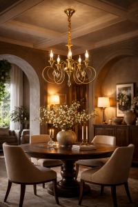 Candelabru elegant cu 5 brațe în finisaj auriu și cristale decorative, perfect pentru un iluminat rafinat și plin de stil