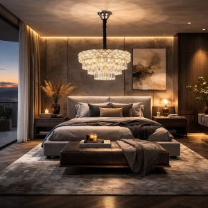 Candelabru modern cu cristale în trepte, perfect pentru living, oferă eleganță și lumină spectaculoasă.