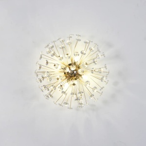 Plafonieră modernă tip glob, design dandelion, cu structură aurie și cristale decorative