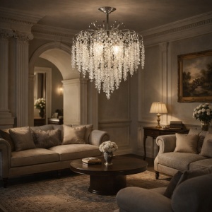 Candelabru elegant cu cristale în cascadă și finisaj cromat, perfect pentru interioare rafinate