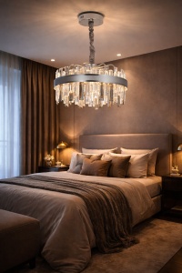 Candelabru modern rotund cu cristale transparente și finisaj cromat, suspendat pe cablu îmbrăcat textil